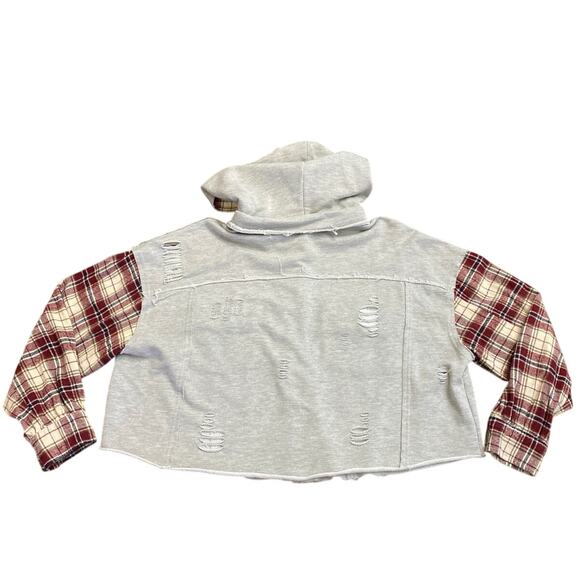 Dance & Marvel Grunge Distressed Ripped Detachable Hoodie Plaid Denim M Gorpcore - Picture 7 of 14
